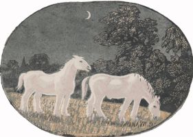 wood-engraving original print: Horses at Night